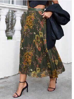 🤍 Olive Green Floral Pleated Midi Skirt | Elegant Boho Fall Skirt | Size M